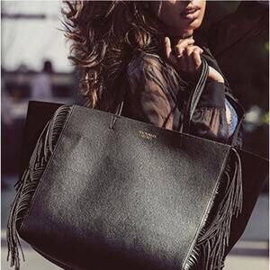Victoria's Secret boho black fringe Vegan Leather XL Weekend tote bag